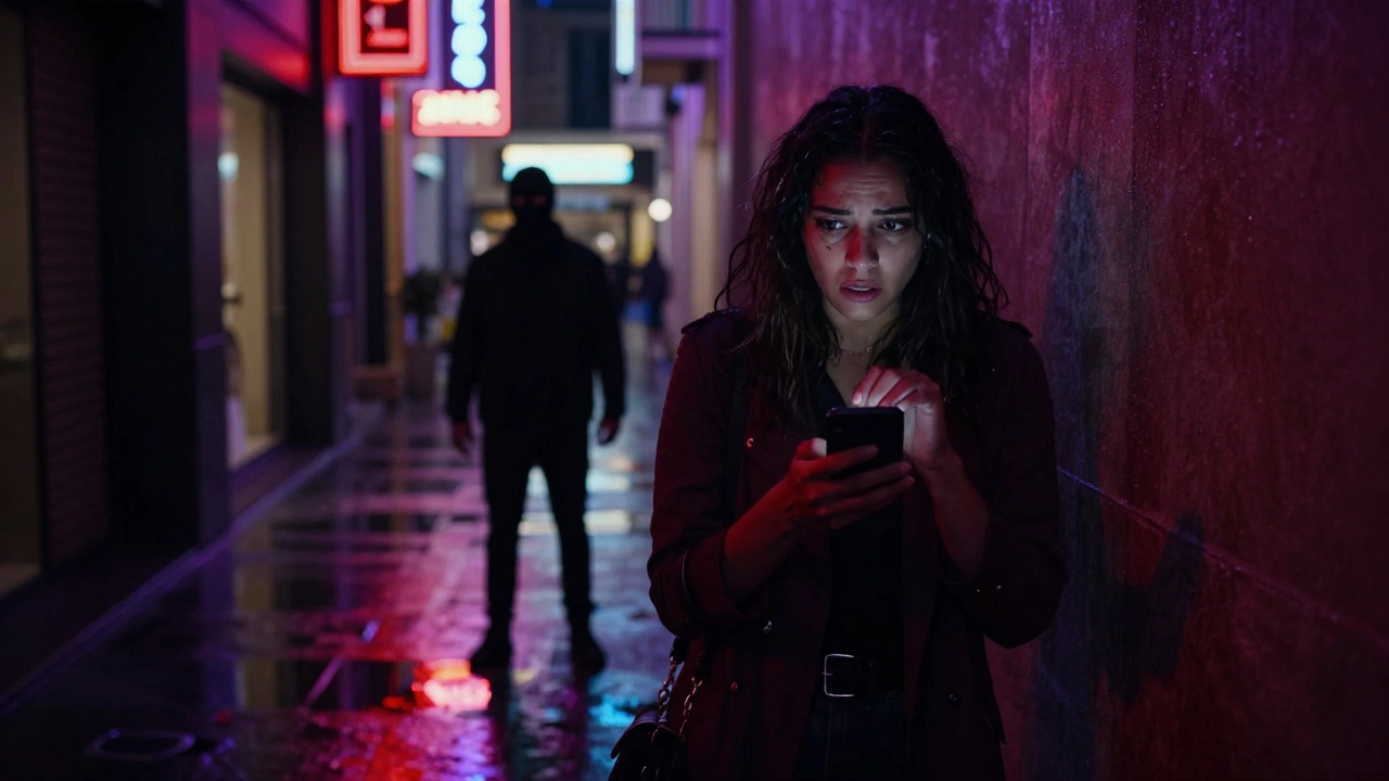 A woman looks afraid in a dark Dubai alley, shadowy figure nearby, neon signs reflecting on wet pavement.