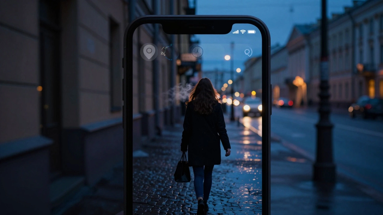 Reflection of an encrypted chat on a dark window, a woman walking alone in a cold St. Petersburg street at dusk.